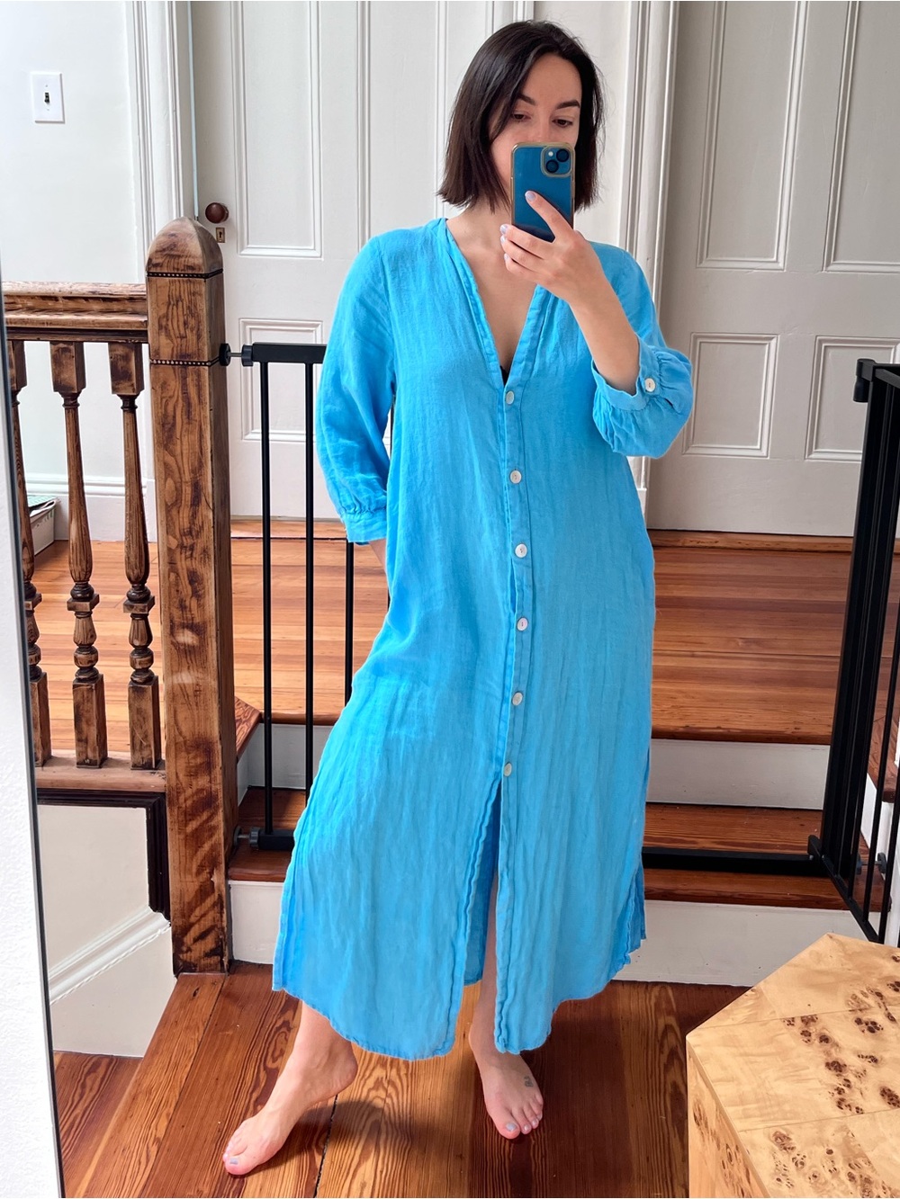 Zara Bright Turquoise Button-Front linen Midi Dress